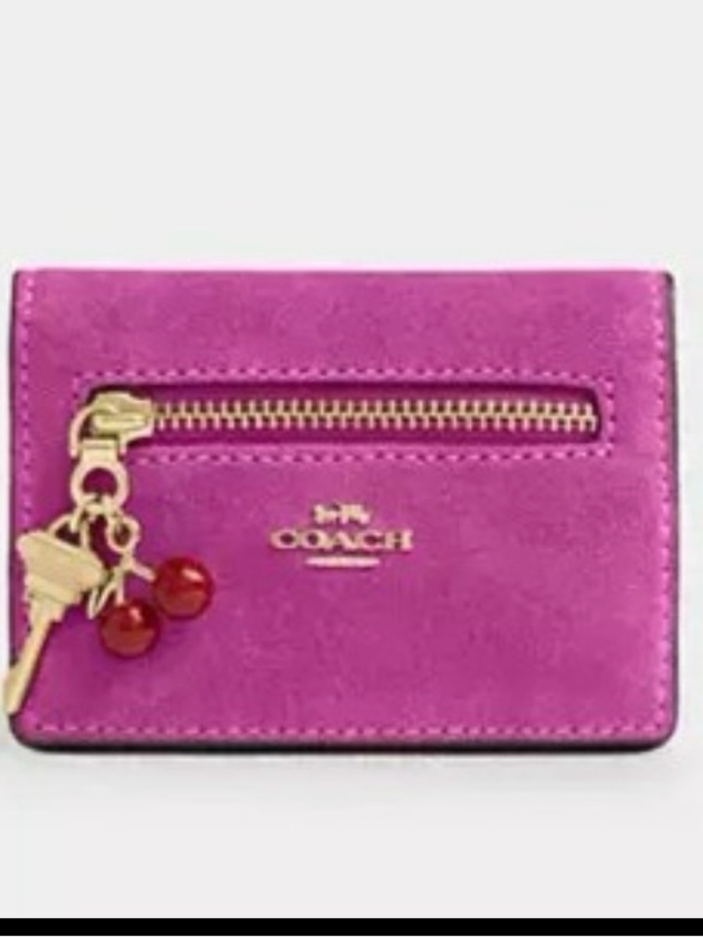 Coach Pink Leather Card Case with Gold Zip and Cherry Charm